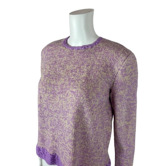 Vintage 60s Crochet Sweater Womens Medium Purple Cream Handmade Pullover - Picture 3 of 9